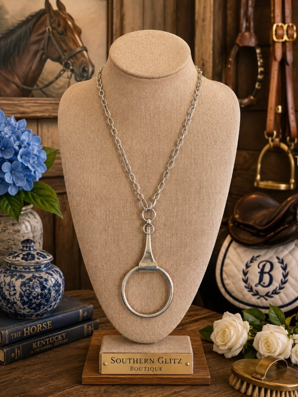Silver Equestrian Statement Necklace, Large Horse Bit Ring Pendant, Long Silver